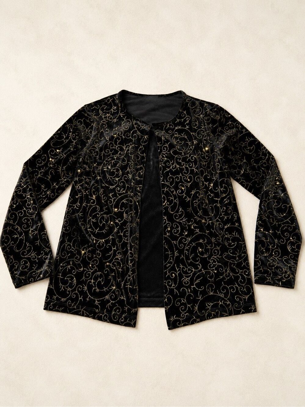 Elementz Black Velvet Gold Scroll Layered Top Women’s Medium Holiday Party